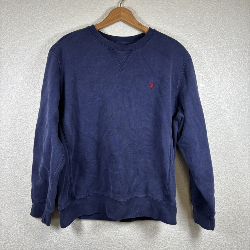 VTG L Polo Ralph Lauren Navy Crewneck Sweatshirt Large Red Pony Logo Flaws